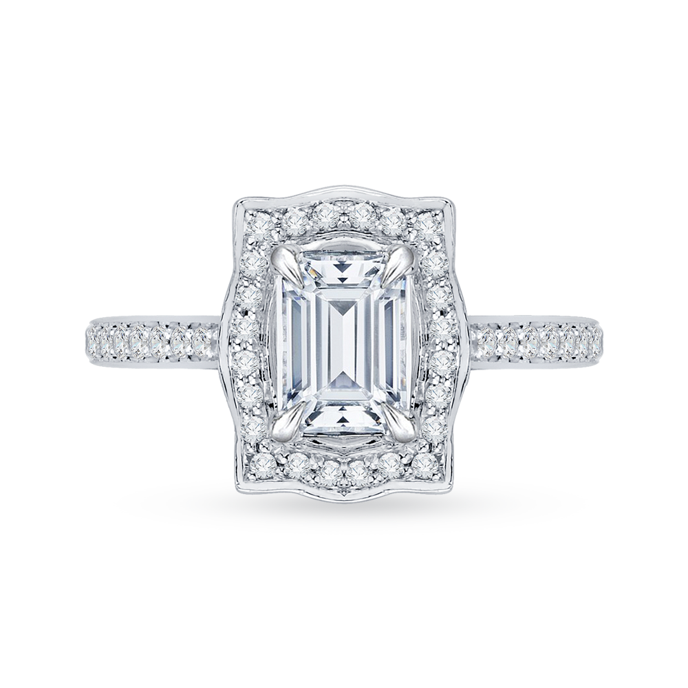 Emerald Cut Diamond Halo Engagement Ring in 14K White Gold (Semi-Mount)