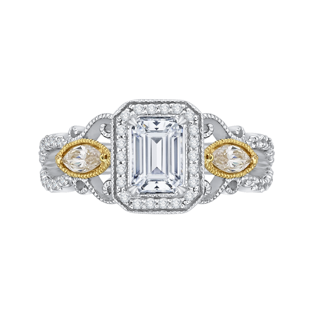 Emerald Cut Diamond Halo Engagement Ring in 14K Two Tone Gold (Semi-Mount)