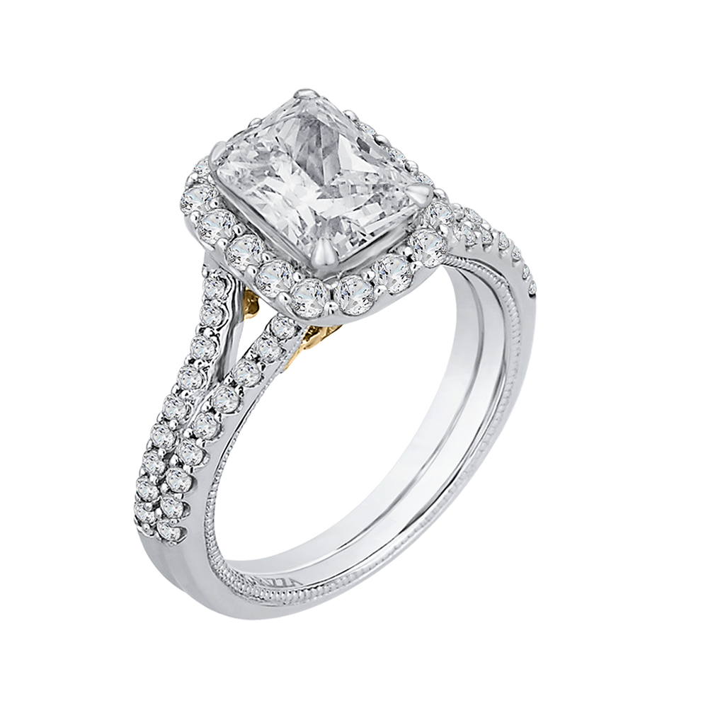 Split Shank Emerald Cut Diamond Halo Vintage Engagement Ring in 14K Two Tone Gold (Semi-Mount)