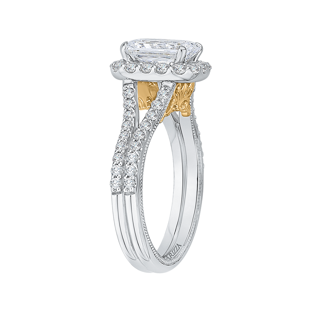 Split Shank Emerald Cut Diamond Halo Vintage Engagement Ring in 14K Two Tone Gold (Semi-Mount)