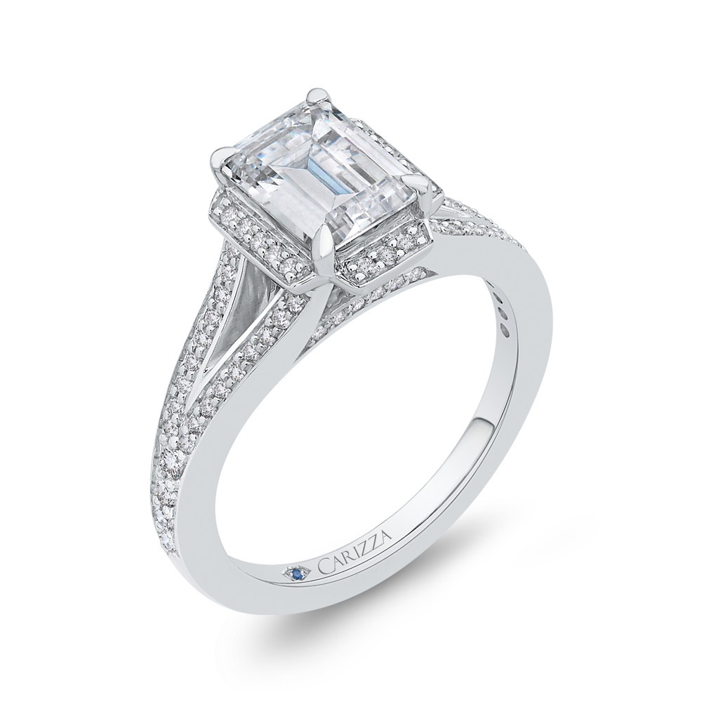 Split Shank Emerald Cut Diamond Cathedral Style Engagement Ring in 14K White Gold (Semi-Mount)