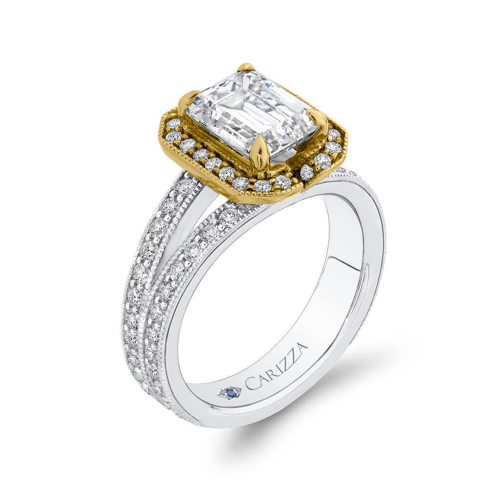 Split Shank Emerald Cut Diamond Engagement Ring in 14K Two Tone Gold (Semi-Mount)