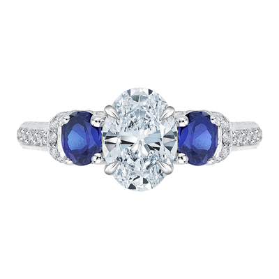 Oval Shape Diamond and Sapphire Three-Stone Engagement Ring in 14K White Gold (Semi-Mount)