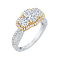 Oval Cut Diamond Three-Stone Halo Engagement Ring in 14K Two Tone Gold (Semi-Mount)