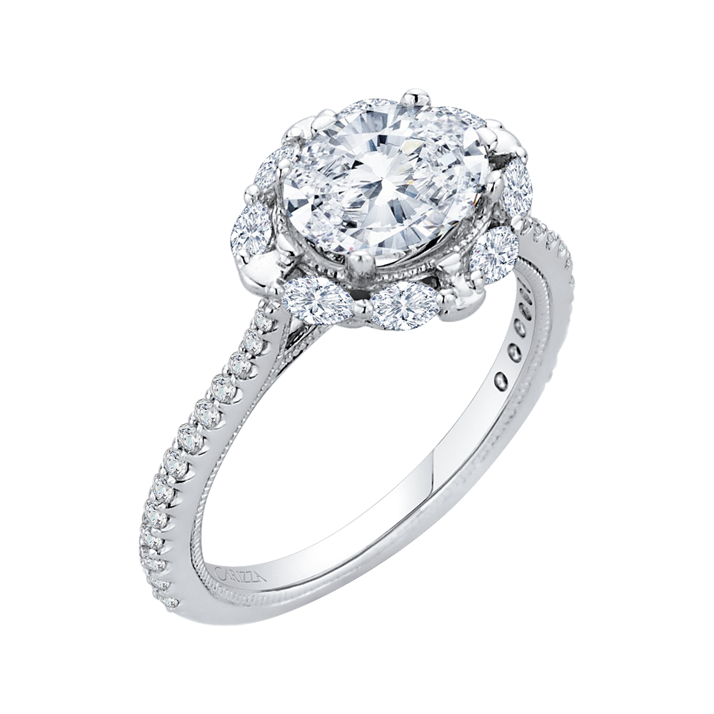 Oval Cut Diamond Halo Engagement Ring in 14K White Gold (Semi-Mount)