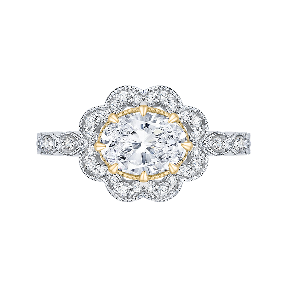 Oval Cut Diamond Halo Engagement Ring in 14K Two Tone Gold (Semi-Mount)