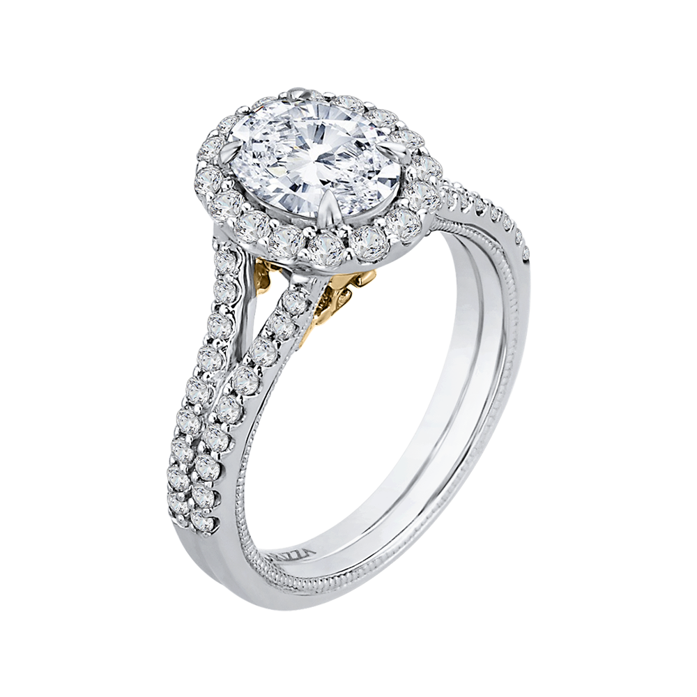 Split Shank Oval Cut Diamond Halo Vintage Engagement Ring in 14K Two Tone Gold (Semi-Mount)