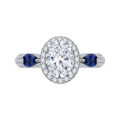 Oval Cut Diamond Halo Engagement Ring with Sapphire in 14K White Gold (Semi-Mount)