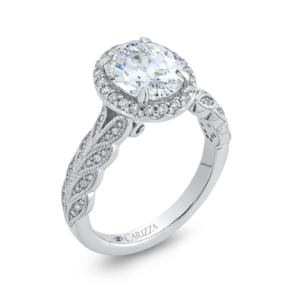 Oval Cut Diamond Floral Halo Engagement Ring in 14K White Gold (Semi-Mount)