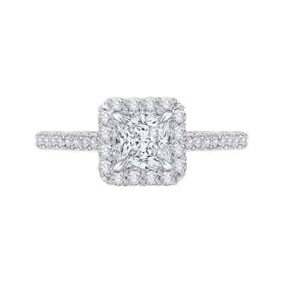 Princess Cut Diamond Halo Engagement Ring with Band in 14K White Gold (Semi-Mount)