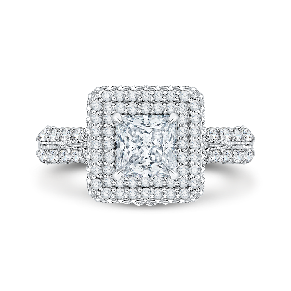 Princess Cut Diamond Double Halo Engagement Ring in 14K White Gold (Semi-Mount)