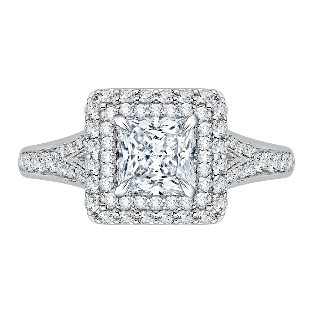 Split Shank Princess Cut Diamond Double Halo Engagement Ring in 14K White Gold (Semi-Mount)