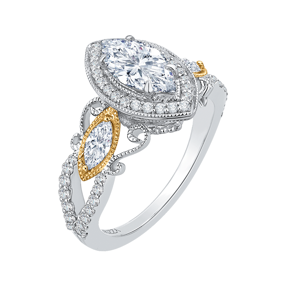 Marquise Cut Diamond Halo Engagement Ring in 14K Two Tone Gold (Semi-Mount)