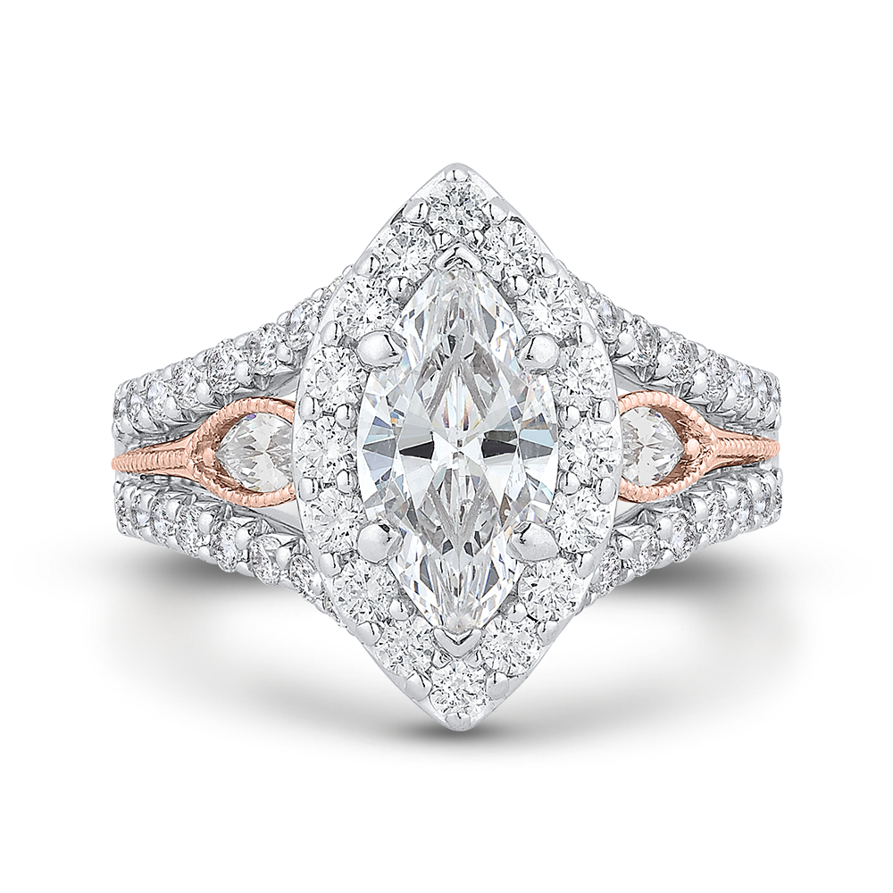 Split Shank Marquise Cut Diamond Halo Engagement Ring in 14K Two Tone Gold (Semi-Mount)