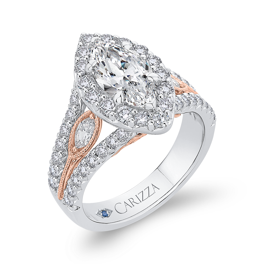 Split Shank Marquise Cut Diamond Halo Engagement Ring in 14K Two Tone Gold (Semi-Mount)