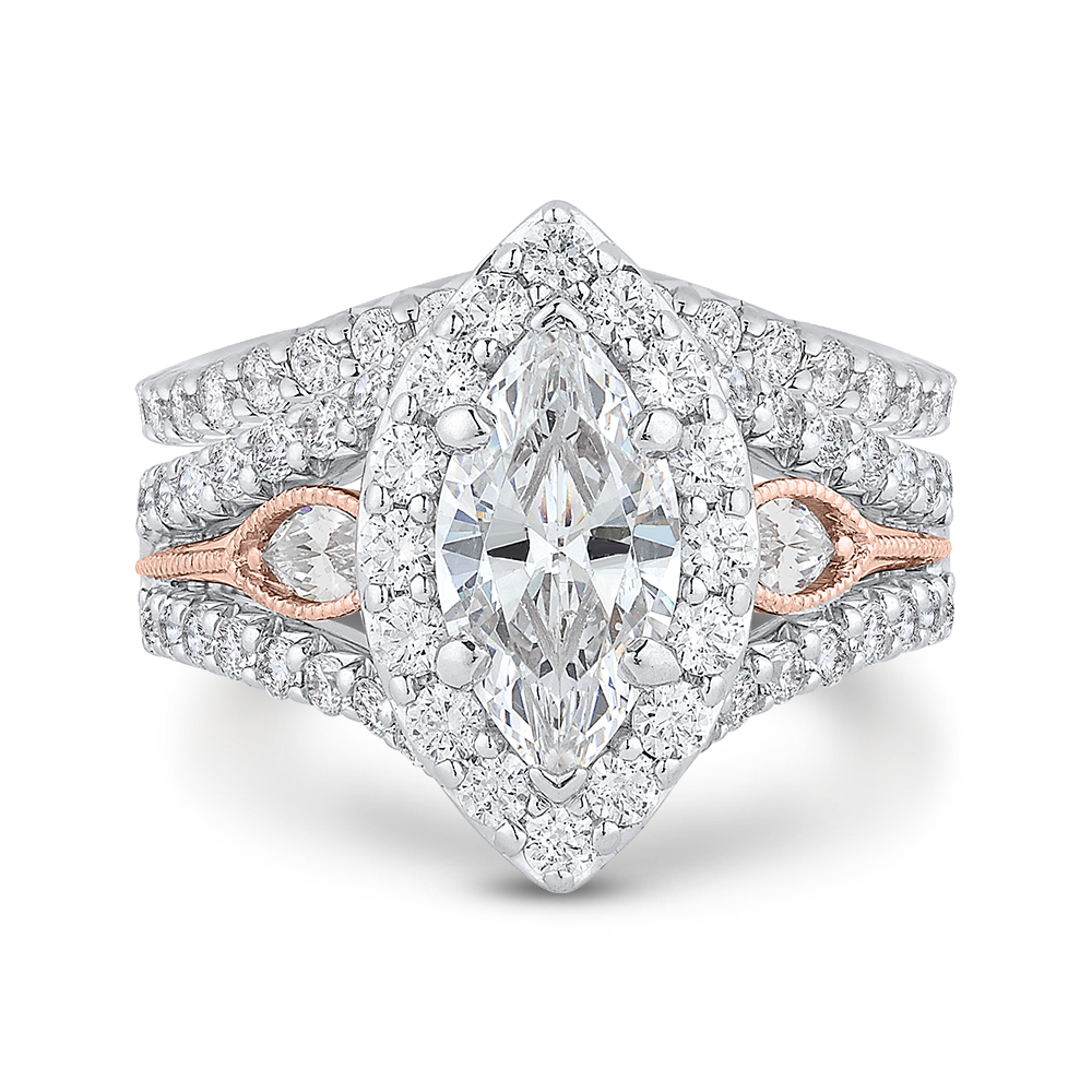 Split Shank Marquise Cut Diamond Halo Engagement Ring in 14K Two Tone Gold (Semi-Mount)