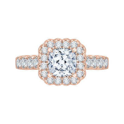 Cushion Cut Diamond Halo Engagement Ring with Band in 14K Rose Gold (Semi-Mount)