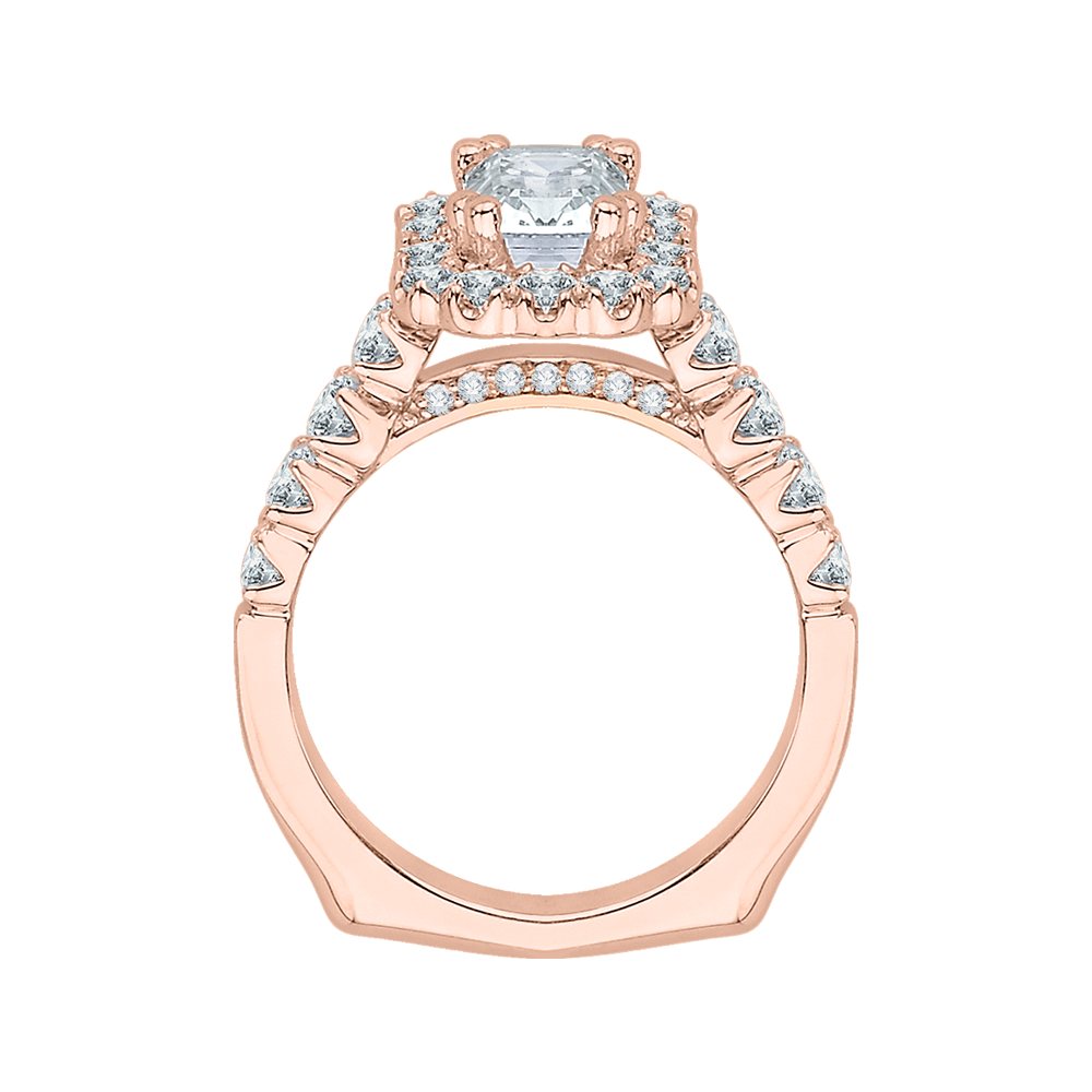 Cushion Cut Diamond Halo Engagement Ring with Band in 14K Rose Gold (Semi-Mount)