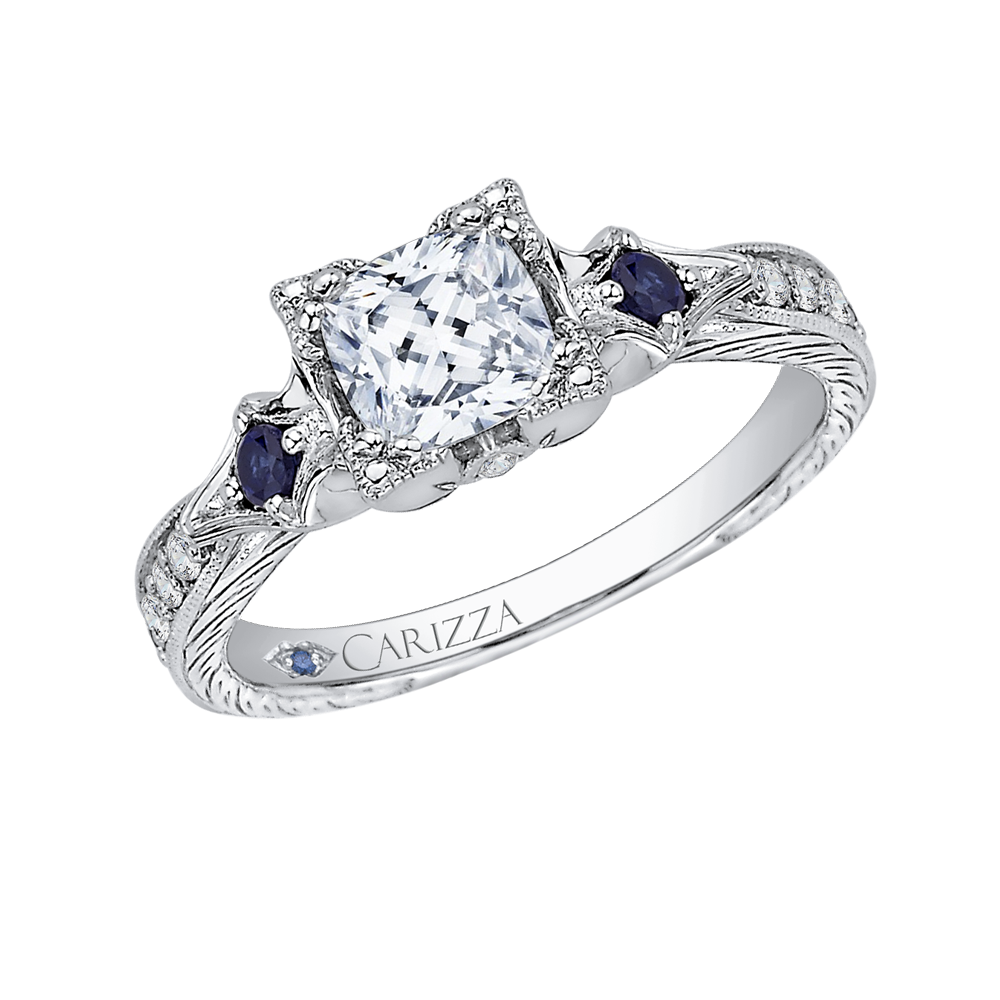 Cushion Cut Diamond Engagement Ring with Sapphire in 14K White Gold (Semi-Mount)