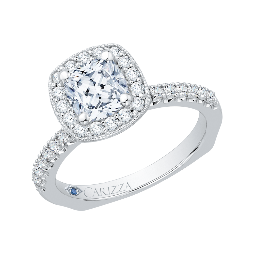 Euro Shank Cushion Cut Diamond Halo Engagement Ring in 14K White Gold (Semi-Mount)