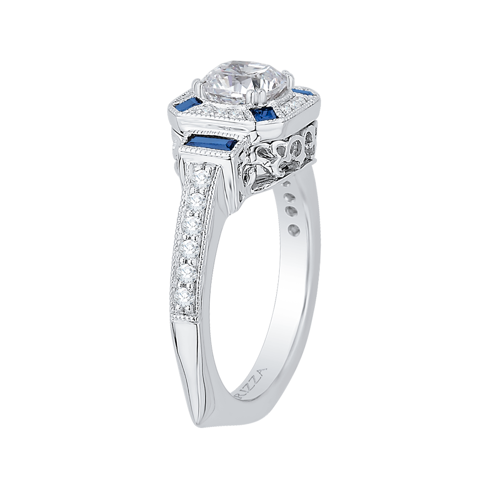 Cushion Cut Diamond Halo Engagement Ring with Sapphire in 14K White Gold (Semi-Mount)