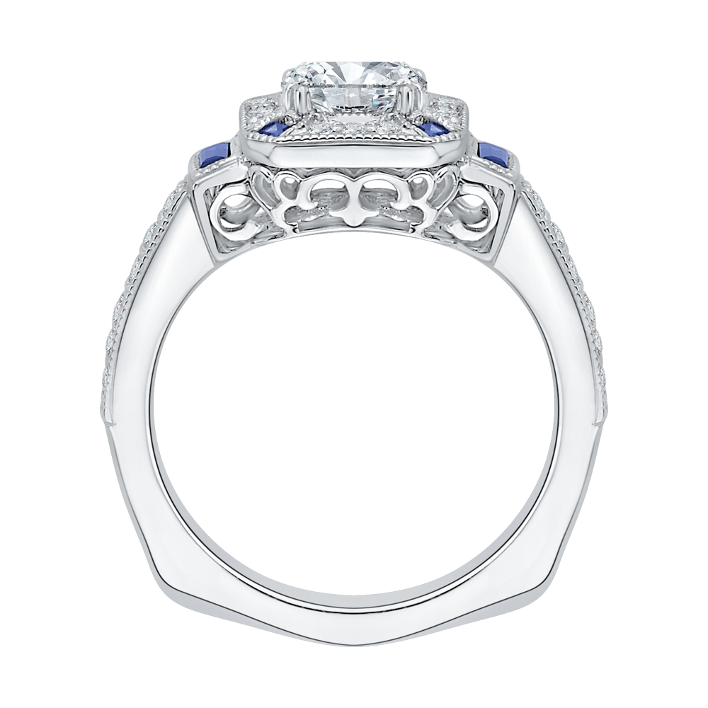 Cushion Cut Diamond Halo Engagement Ring with Sapphire in 14K White Gold (Semi-Mount)