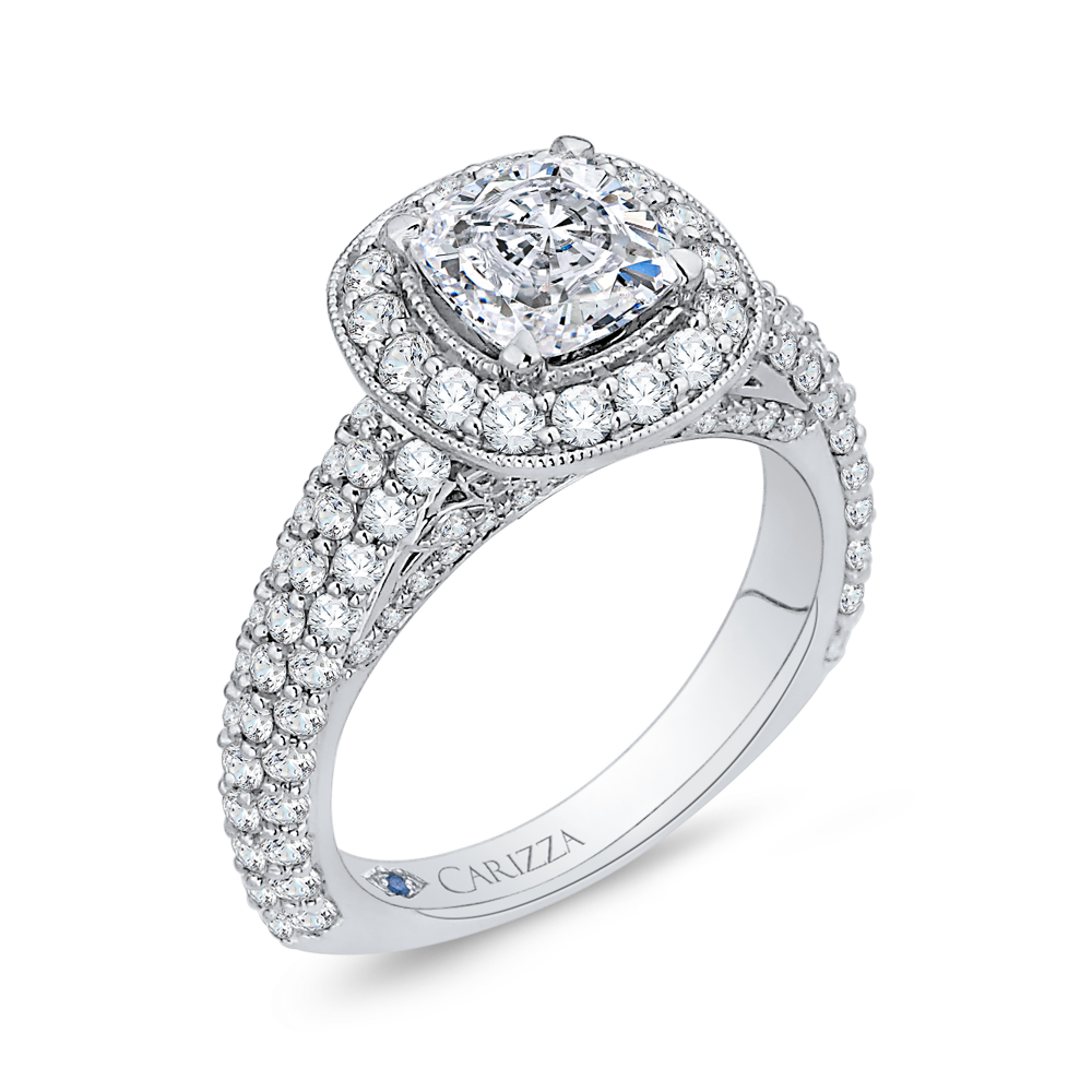 Cushion Cut Diamond Halo Cathedral Style Engagement Ring in 14K White Gold (Semi-Mount)