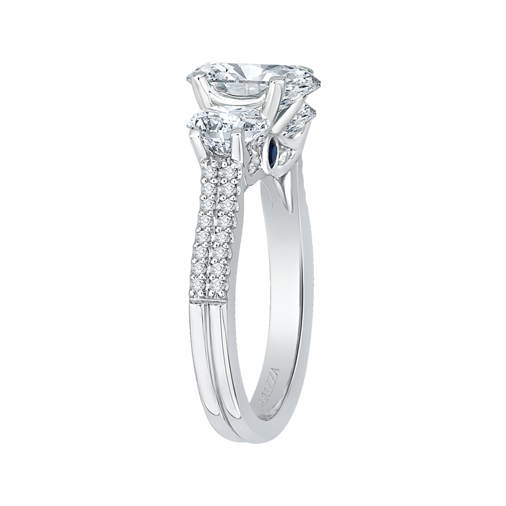 Cushion Cut Diamond with Sapphire Three-Stone Cathedral Style Engagement Ring in 14K White Gold (Semi-Mount)