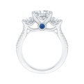 Cushion Cut Diamond with Sapphire Three-Stone Cathedral Style Engagement Ring in 14K White Gold (Semi-Mount)