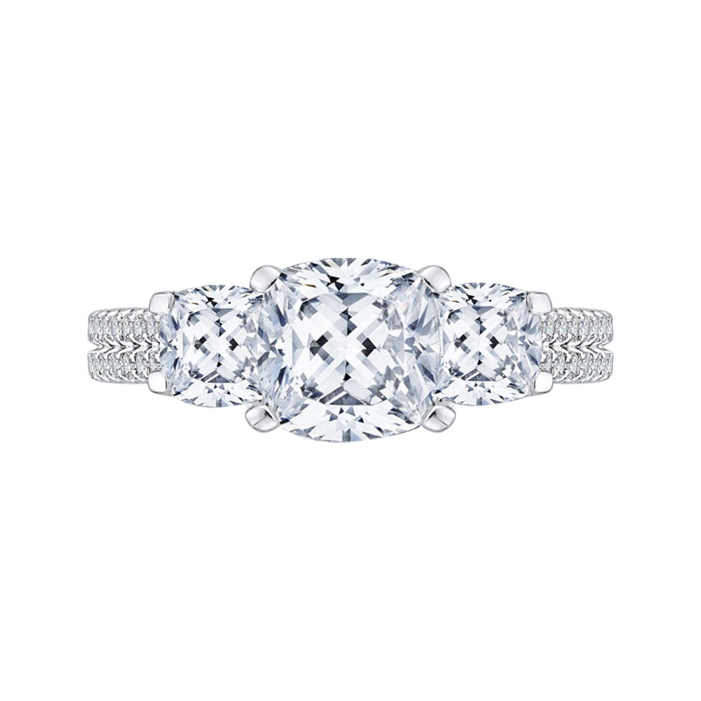 Cushion Cut Diamond with Sapphire Three-Stone Cathedral Style Engagement Ring in 14K White Gold (Semi-Mount)