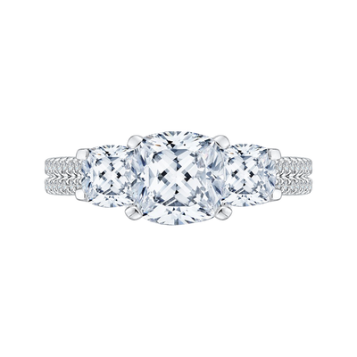 Cushion Cut Diamond with Sapphire Three-Stone Cathedral Style Engagement Ring in 14K White Gold (Semi-Mount)