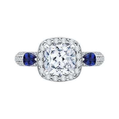 Cushion Cut Diamond Halo Engagement Ring with Sapphire in 14K White Gold (Semi-Mount)