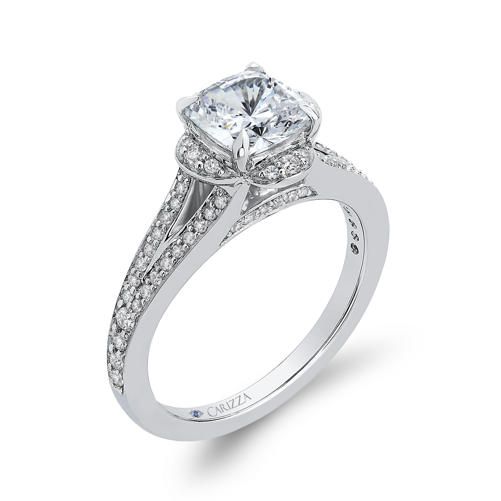 Cushion Cut Diamond Cathedral Style Engagement Ring in 14K White Gold (Semi-Mount)