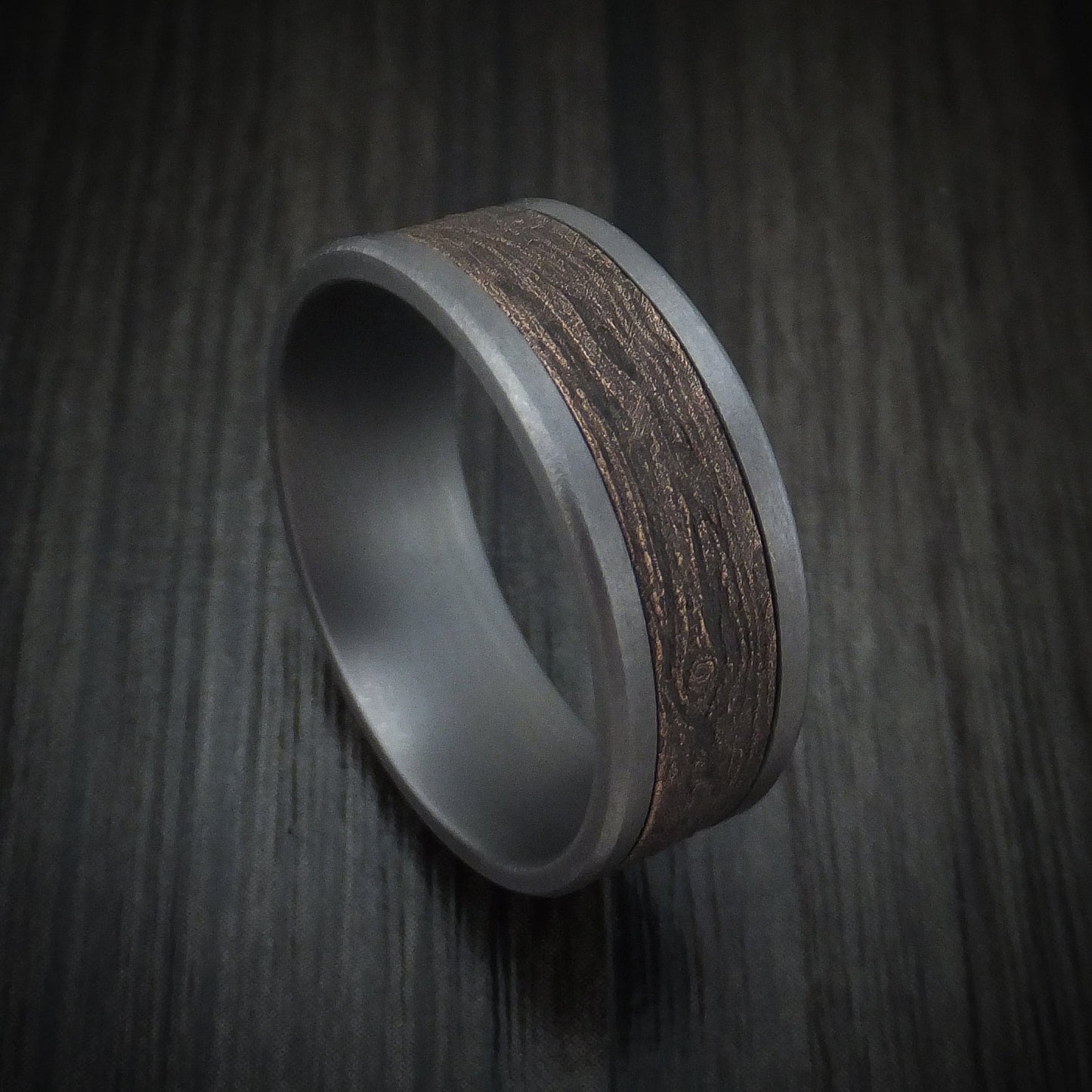 Tantalum and Wood Knot Textured 14K Rose Gold Men's Ring