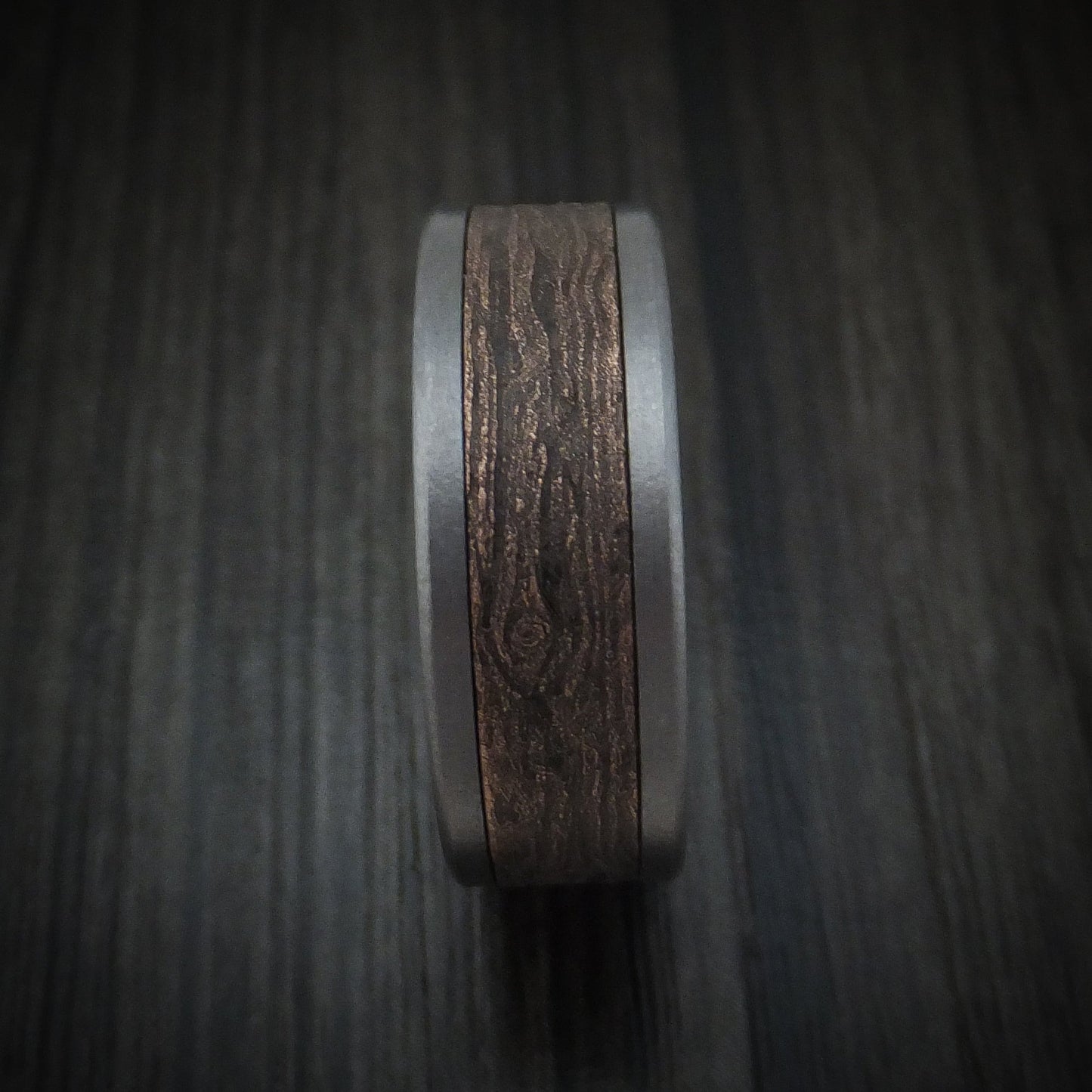 Tantalum and Wood Knot Textured 14K Rose Gold Men's Ring