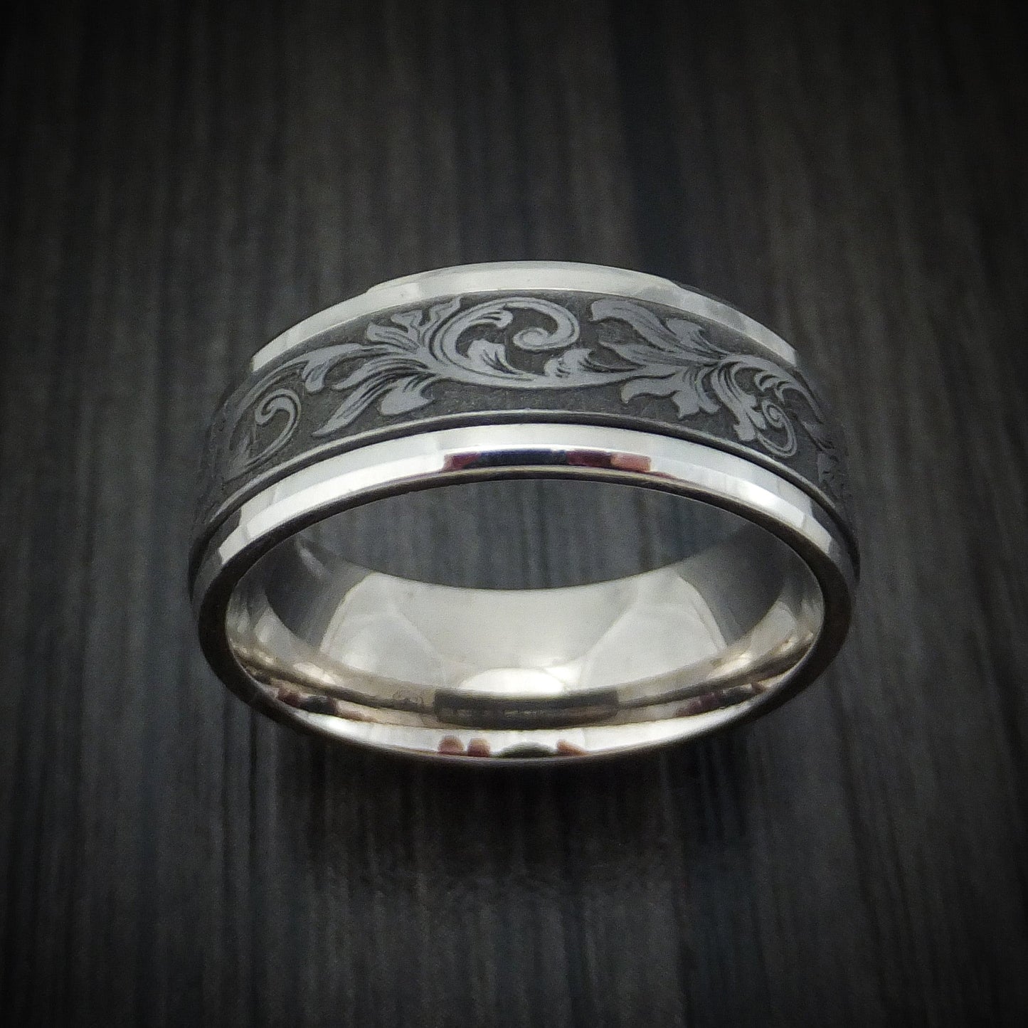 14K White Gold and Floral Design Tantalum Men's Ring