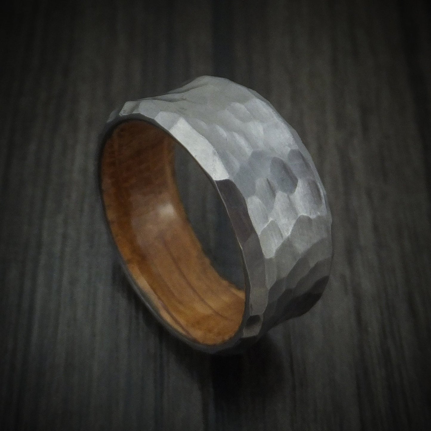 Hammered Tantalum Concave Men's Ring with Wood Sleeve Custom Made