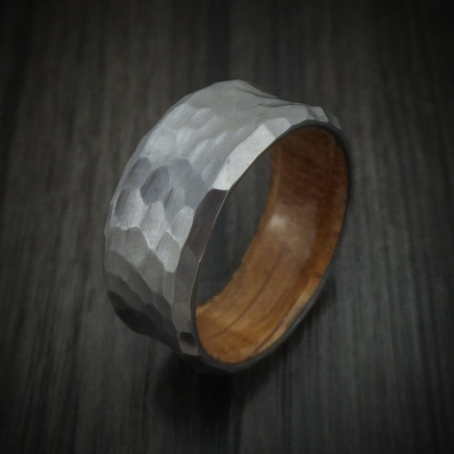 Hammered Tantalum Concave Men's Ring with Wood Sleeve Custom Made