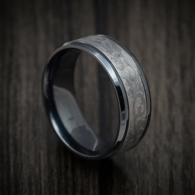 Black Titanium and Tantalum Mens Ring with Vintage Floral Design