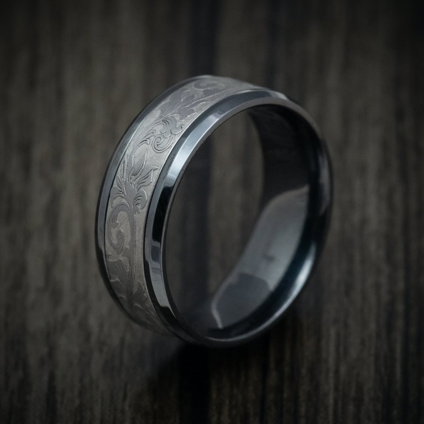 Black Titanium and Tantalum Mens Ring with Vintage Floral Design