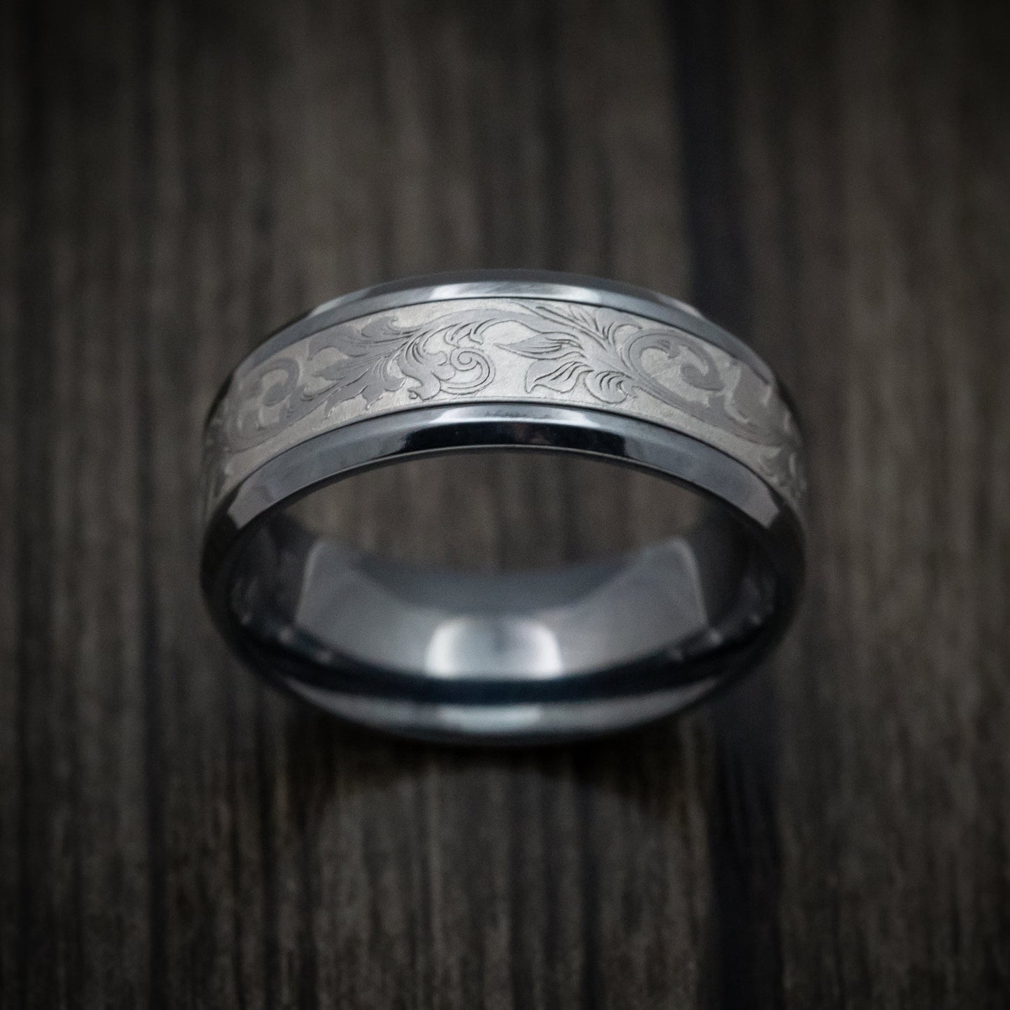 Black Titanium and Tantalum Mens Ring with Vintage Floral Design