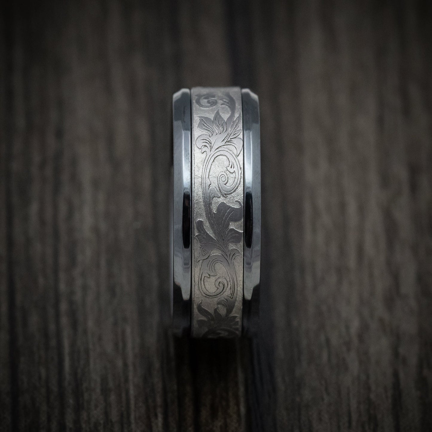 Black Titanium and Tantalum Mens Ring with Vintage Floral Design