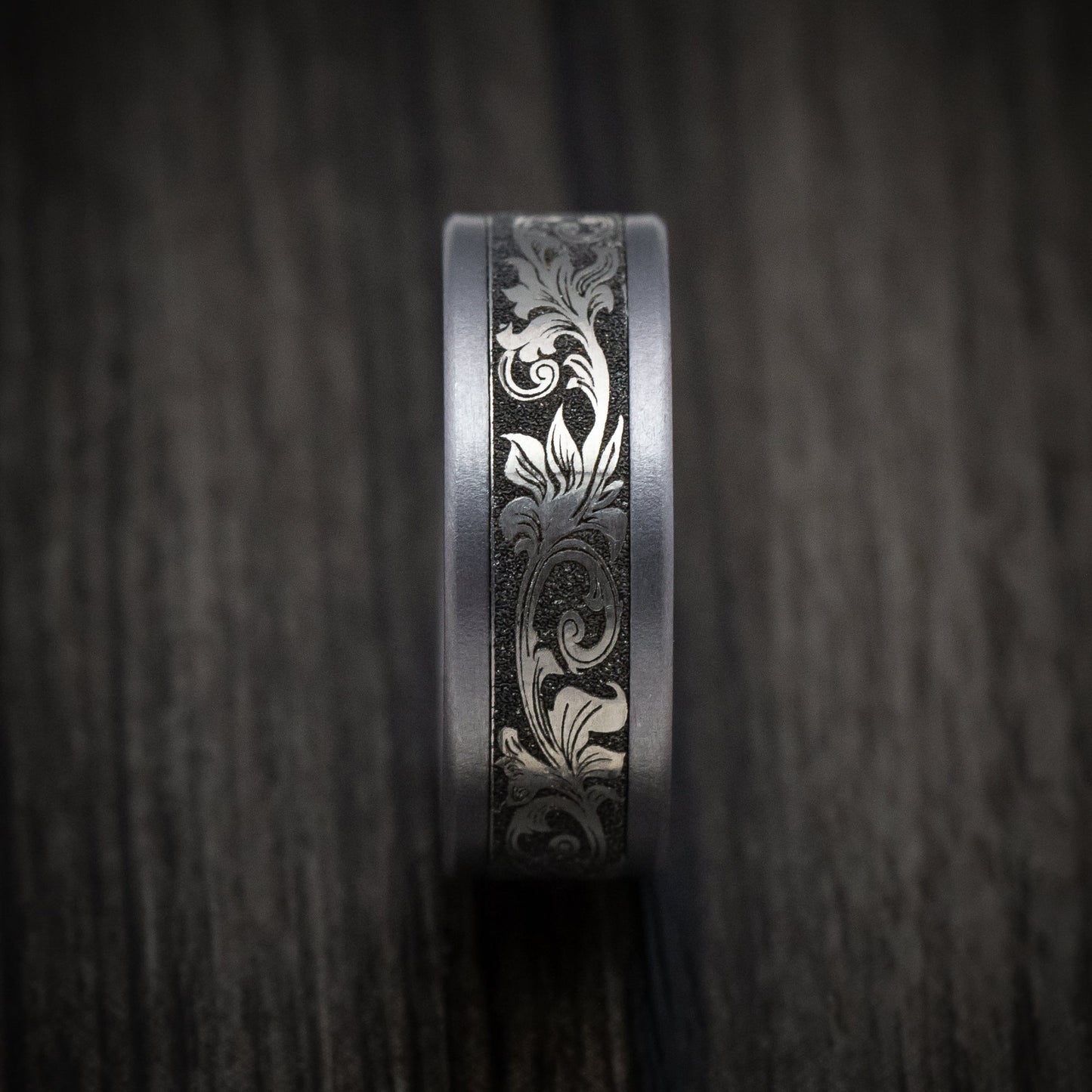 Tantalum and Black Titanium Vintage Floral Mens Band