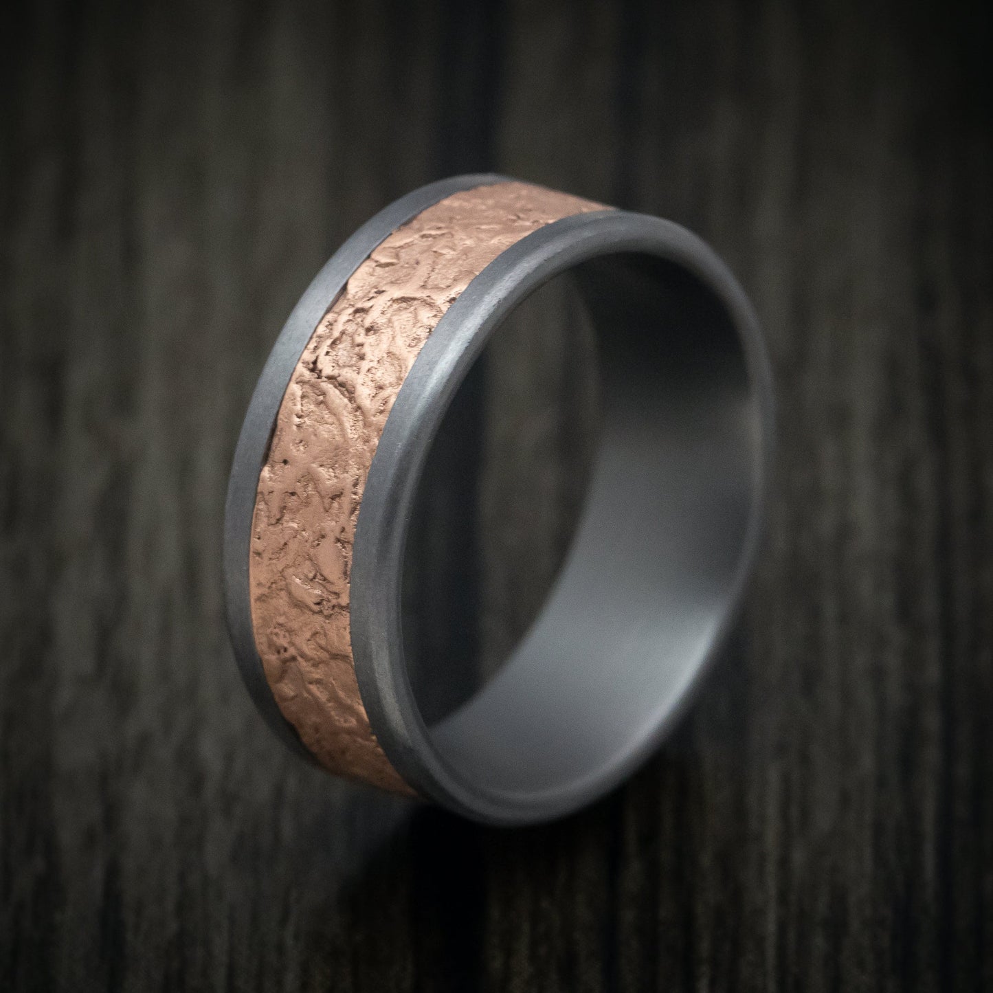 Tantalum and Splatter Textured 14K Rose Gold Mens Ring