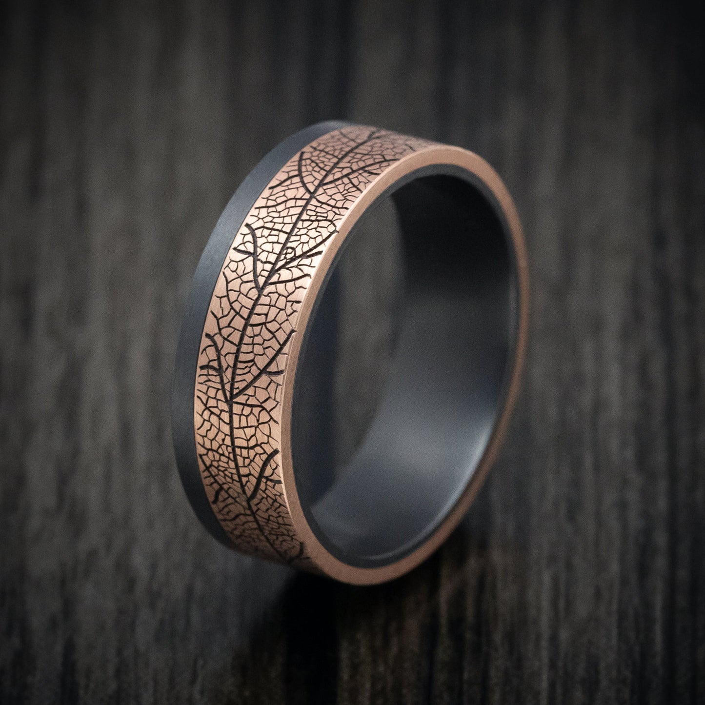 Darkened Tantalum and Leaf Design 14K Rose Gold Inlay Men's Ring