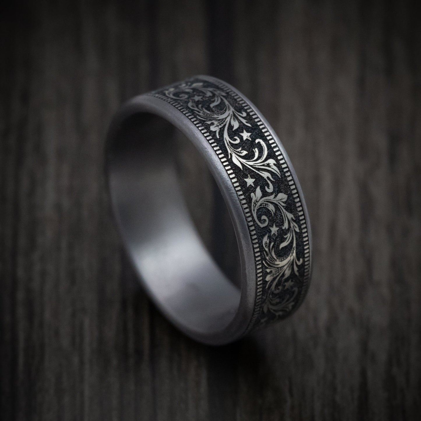 Tantalum and Black Titanium Barrel Script Pattern Ring