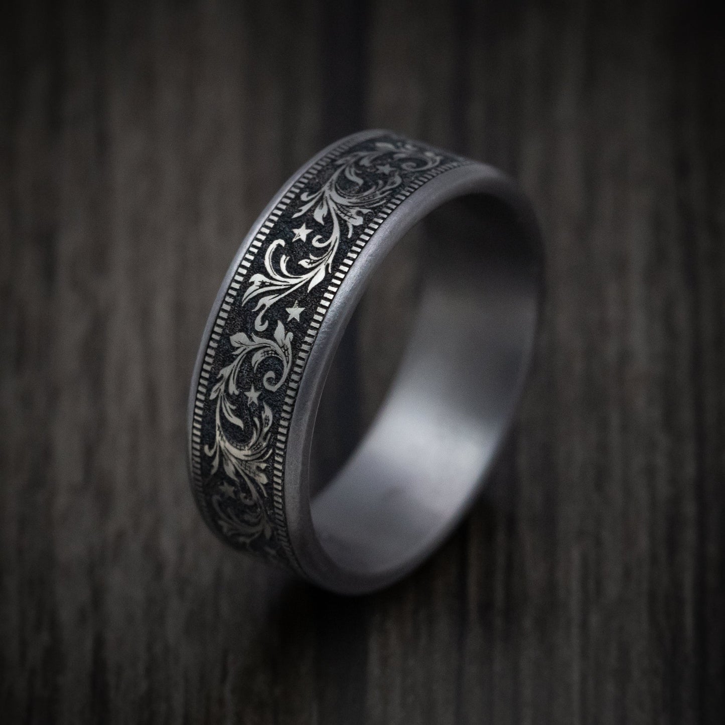 Tantalum and Black Titanium Barrel Script Pattern Ring