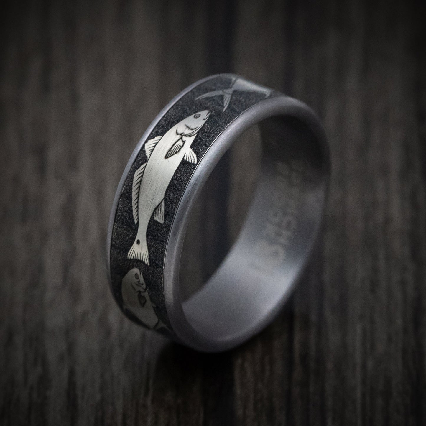 Tantalum and Black Titanium Bay Fish Pattern Ring