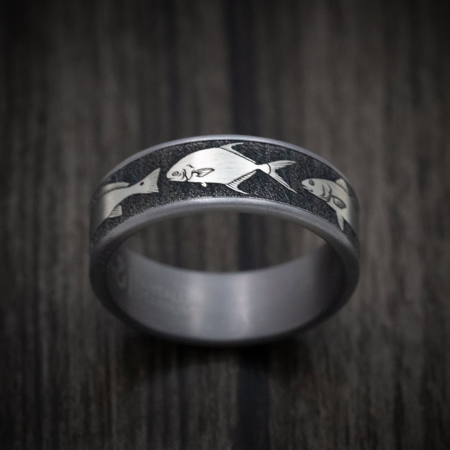 Tantalum and Black Titanium Bay Fish Pattern Ring