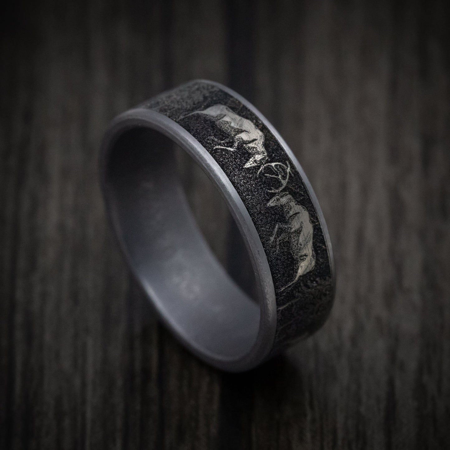 Tantalum and Black Titanium Deer Fight Design Pattern Ring